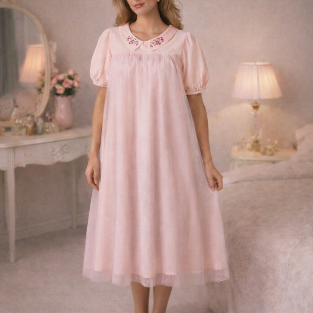 Shabby Chic Babydoll Cottagecore Fairycore Tulle Overlay Midi Loungewear Dress